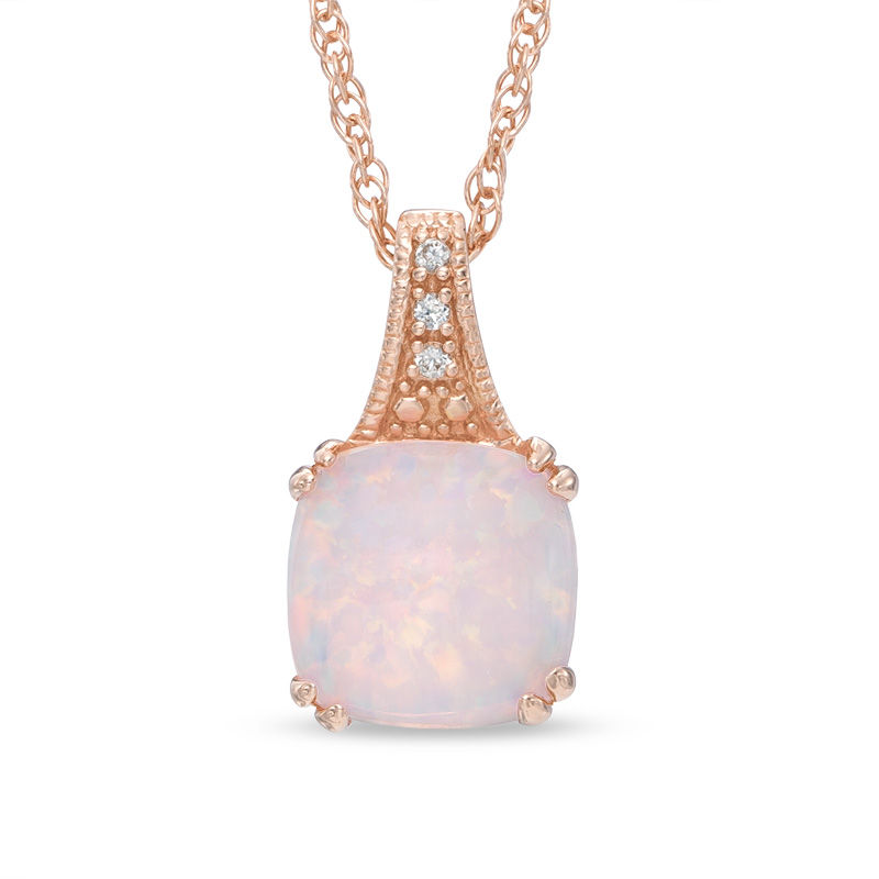 Main Image 1 of 8.0mm Cushion-Cut Lab-Created Pink Opal and White Sapphire Pendant in Sterling Silver with 14K Rose Gold Plate