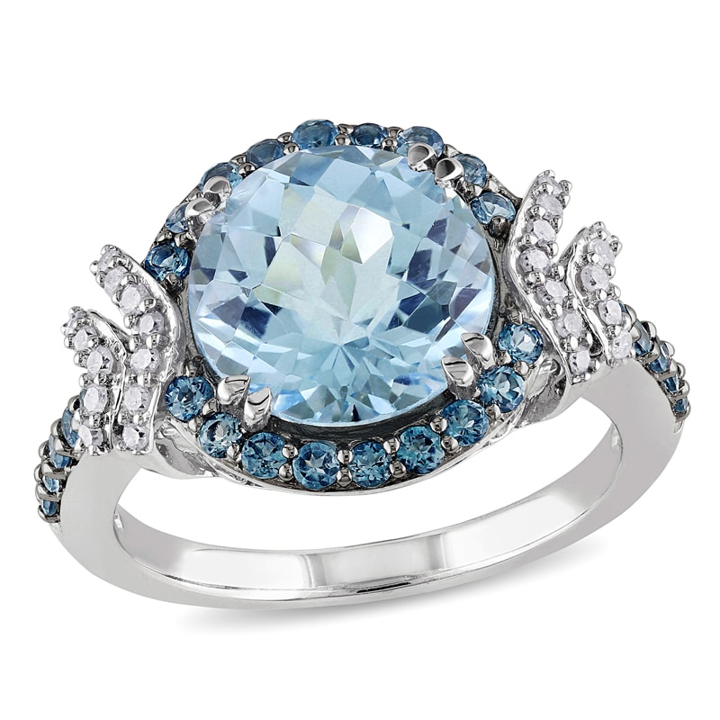 10.0mm Blue Topaz and 1/8 CT. T.W. Diamond Ring in Sterling Silver