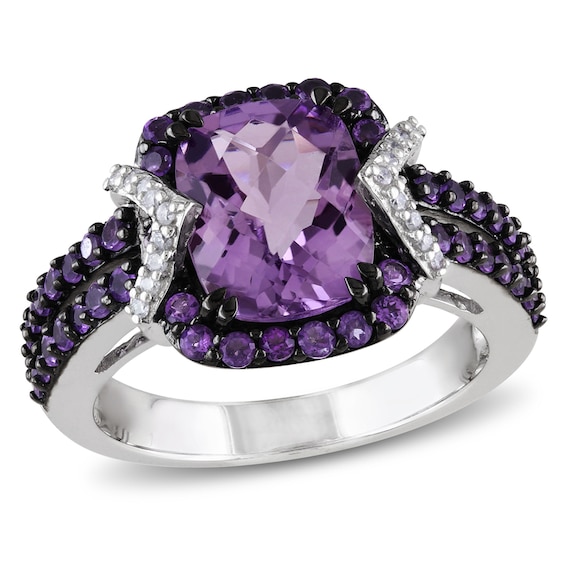 Cushion-Cut Amethyst and 1/6 CT. T.w. Diamond Ring in Sterling Silver with Black Rhodium