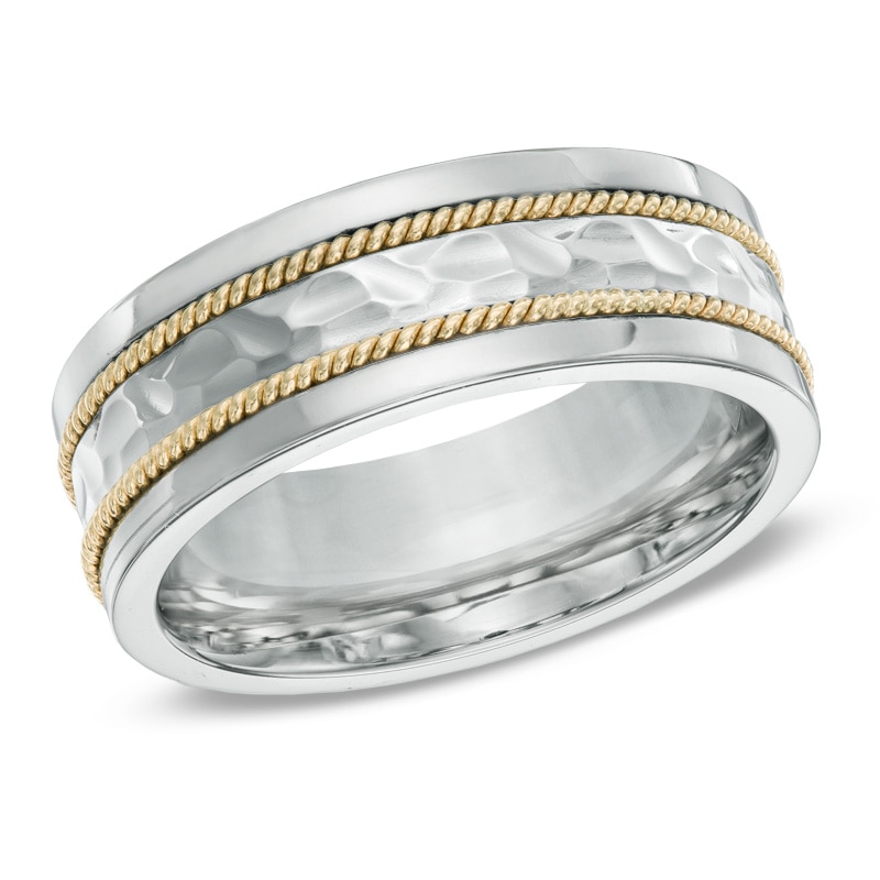 Men's 8.0mm Hammered Comfort Fit Rope Ring in Titanium and 10K Two-Tone Gold - Size 10