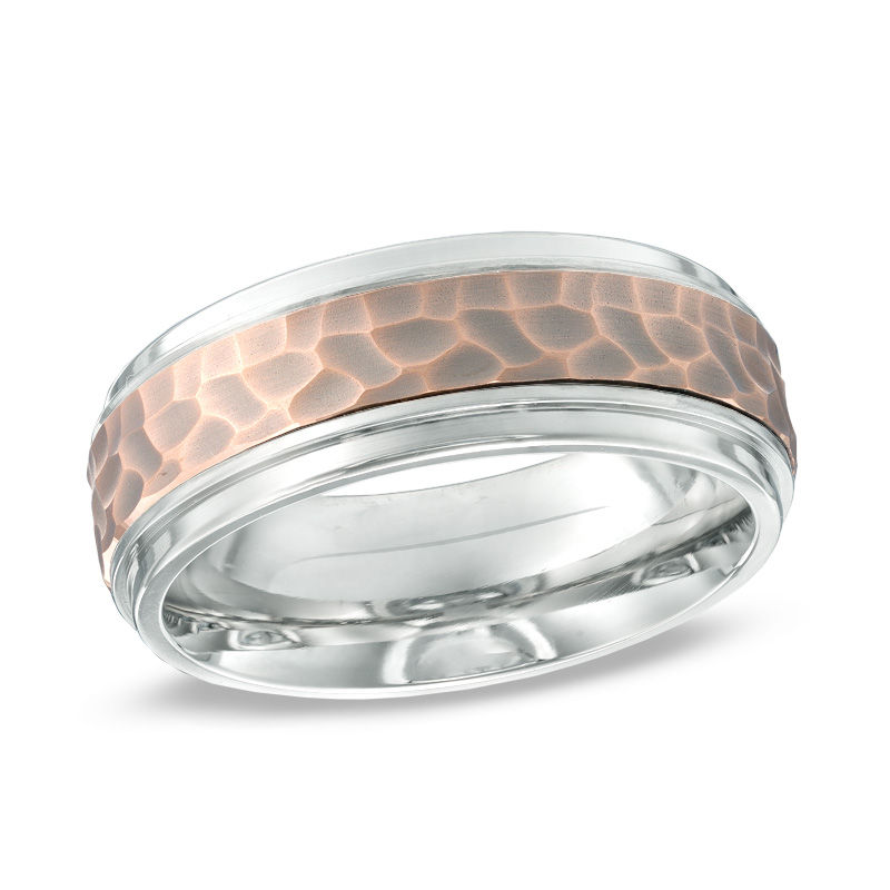 Men's 8.0mm Giraffe-Textured Comfort Fit Ring in Titanium and 10K Rose Gold - Size 10