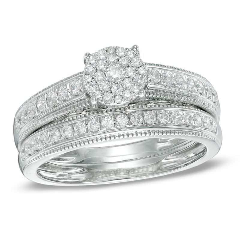 1/2 CT. T.W. Multi-Diamond Vintage-Style Bridal Set in 10K White Gold