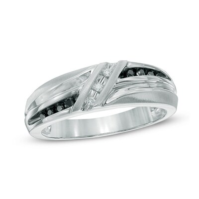 Men S 1 10 Ct T W Enhanced Black And White Diamond Wedding Band In 10k White Gold Zales