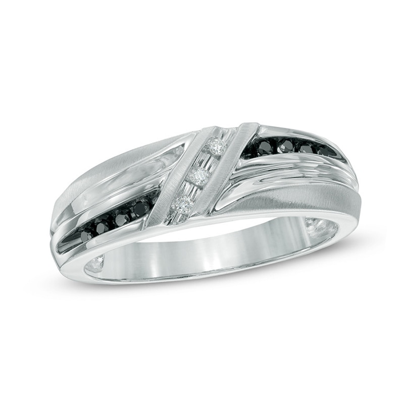 Main Image 1 of 1/10 CT. T.W. Enhanced Black and White Diamond Wedding Band in 10K White Gold