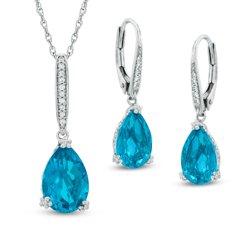 Main Image 1 of Pear-Shaped Blue Quartz Triplet and Lab-Created White Sapphire Pendant and Drop Earrings Set in Sterling Silver