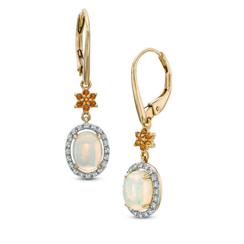 Main Image 1 of Oval Opal, Madeira Citrine and Lab-Created White Sapphire Drop Earrings in 10K Gold