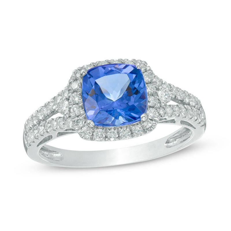 7.0mm Cushion-Cut Tanzanite and 3/8 CT. T.W. Diamond Frame Ring in 14K ...