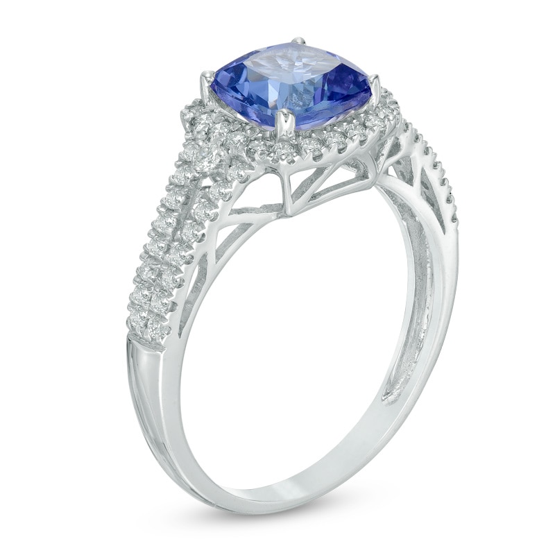 Main Image 2 of 7.0mm Cushion-Cut Tanzanite and 3/8 CT. T.W. Diamond Frame Ring in 14K White Gold