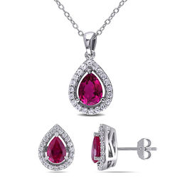 Ruby July Birthstone Birthstones Collections Zales Pear Shaped Lab Created Ruby And White Shire Pendant Earring Set In Sterling
