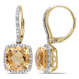 9.0mm Cushion-Cut Citrine and 1/5 CT. T.W. Diamond Drop Earrings in 10K Gold