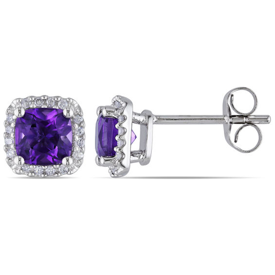 5.0mm Cushion-Cut Amethyst and 1/10 CT. T.W. Diamond Stud Earrings in 10K White Gold 5.0mm Cushion-Cut Amethyst and 1/10 CT. T.W. Diamond Stud Earrings in 10K White Gold