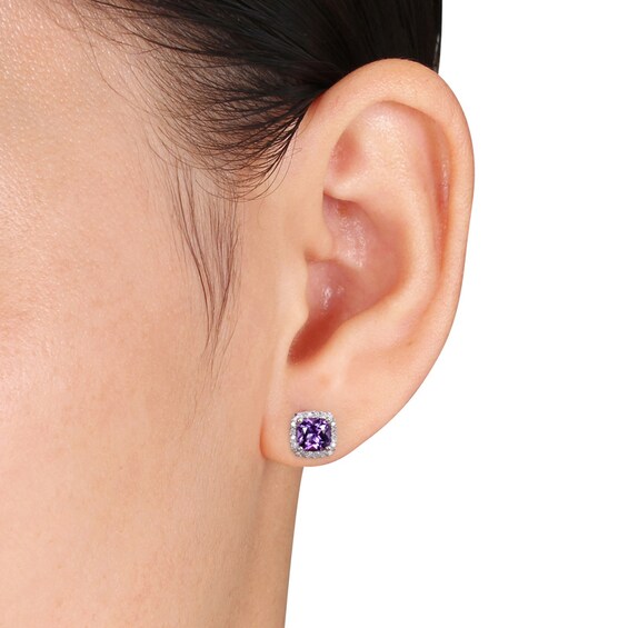 5.0mm Cushion-Cut Amethyst and 1/10 CT. T.W. Diamond Stud Earrings in 10K White Gold 5.0mm Cushion-Cut Amethyst and 1/10 CT. T.W. Diamond Stud Earrings in 10K White Gold