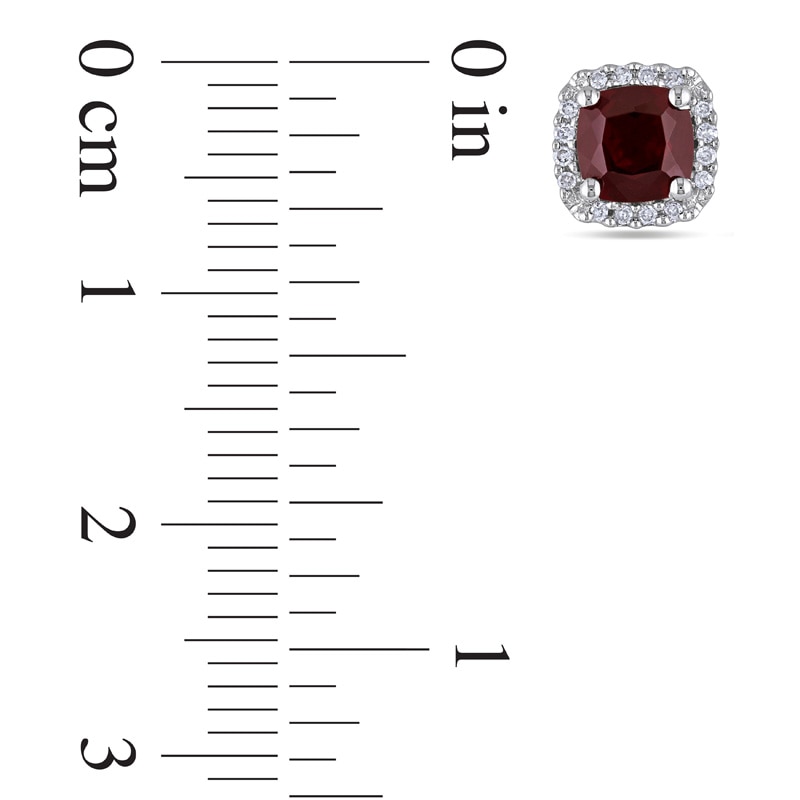 5.0mm Cushion-Cut Garnet and 1/10 CT. T.W. Diamond Stud Earrings in 10K White Gold