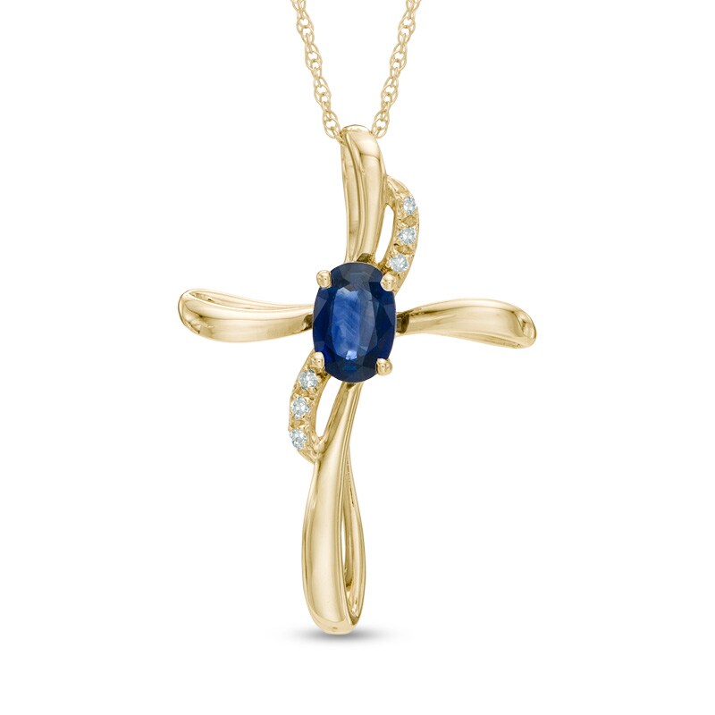 Main Image 1 of Oval Blue Sapphire and Diamond Accent Cross Pendant in 10K Gold