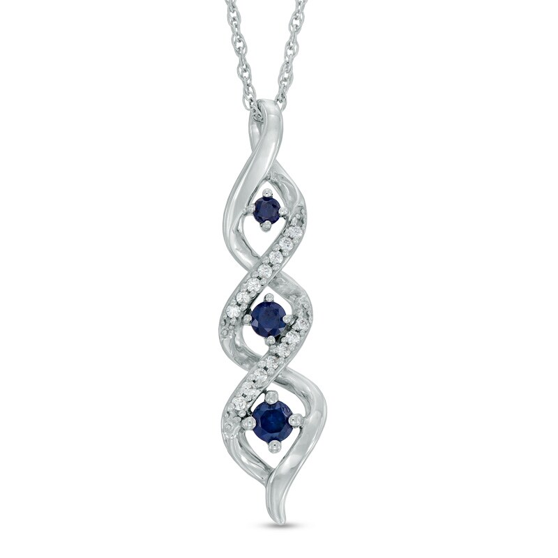 Main Image 1 of Lab-Created Blue Sapphire and Diamond Accent Three Stone Pendant in Sterling Silver