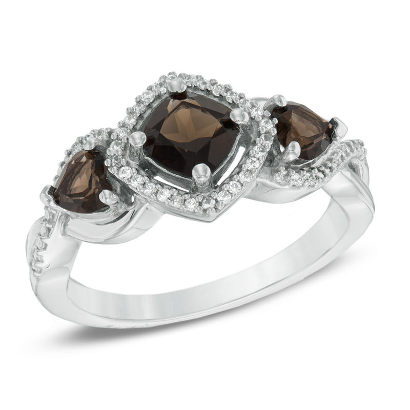 5.0mm Cushion-Cut Smoky Quartz and 1/10 CT. T.W. Diamond Three Stone Ring in Sterling Silver