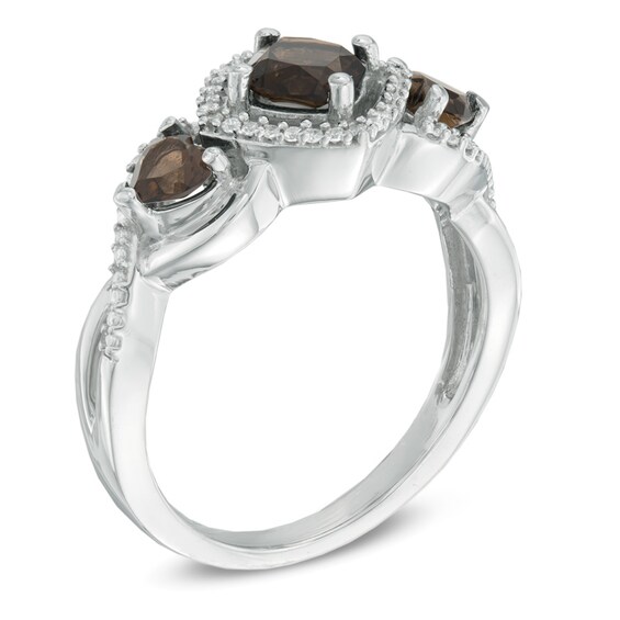 5.0mm Cushion-Cut Smoky Quartz and 1/10 CT. T.w. Diamond Three Stone Ring in Sterling Silver