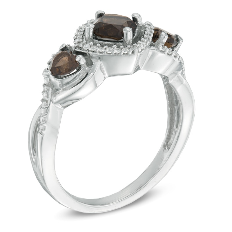 5.0mm Cushion-Cut Smoky Quartz and 1/10 CT. T.W. Diamond Three Stone Ring in Sterling Silver