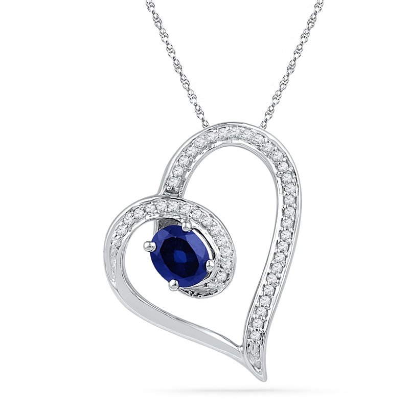Main Image 1 of Oval Lab-Created Blue Sapphire and 1/10 CT. T.W. Diamond Loop Heart Pendant in Sterling Silver