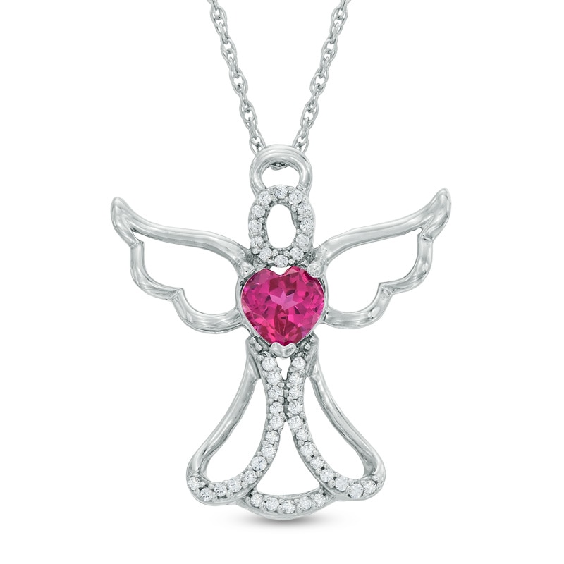 5.0mm Heart-Shaped Lab-Created Ruby and 1/8 CT. T.W. Diamond Angel Pendant in Sterling Silver