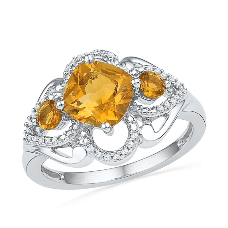 7.0mm Cushion-Cut Citrine and 1/10 CT. T.W. Diamond Ring in Sterling Silver