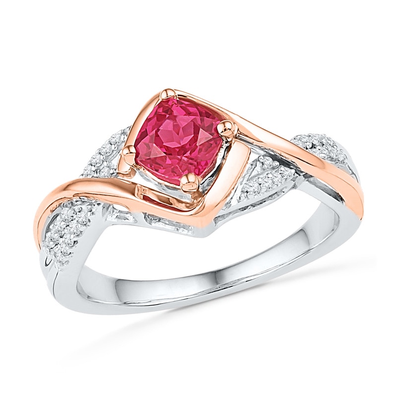 Main Image 1 of 7.0mm Cushion-Cut Lab-Created Ruby and 1/15 CT. T.W. Diamond Ring in Sterling Silver and 10K Rose Gold