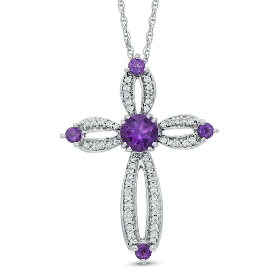 5.0mm Amethyst and 1/5 CT. T.w. Diamond Cross Pendant in Sterling silver
