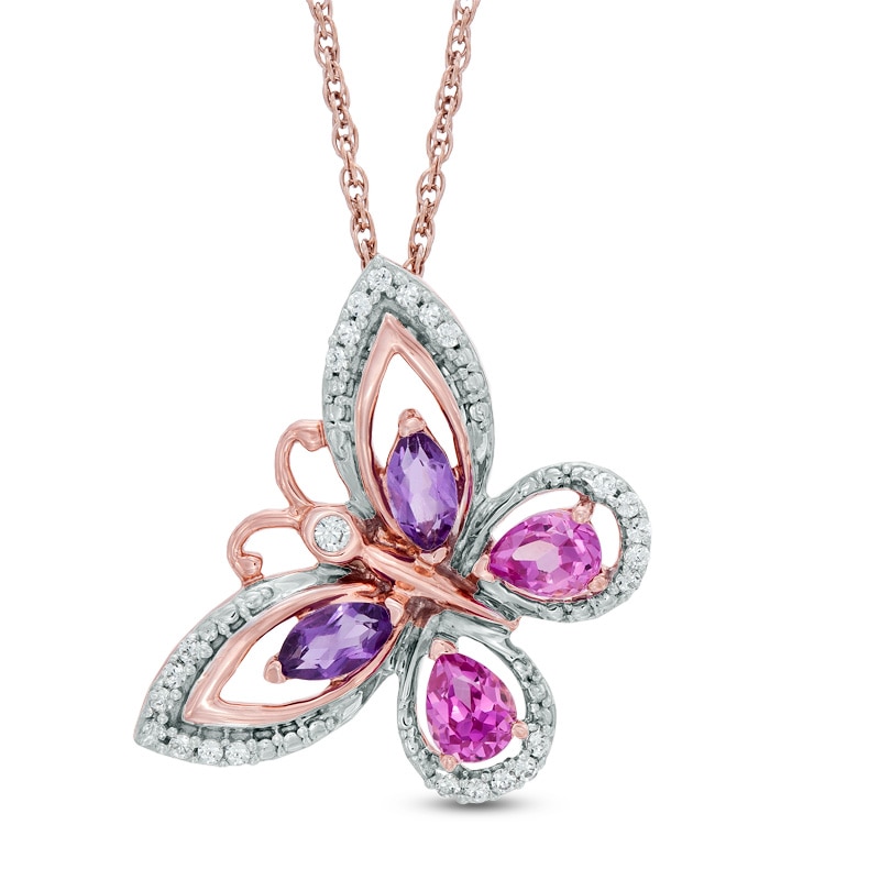 Pear-Shaped Lab-Created Pink Sapphire, Amethyst and 1/10 CT. T.W. Diamond Butterfly Pendant in 10K Rose Gold