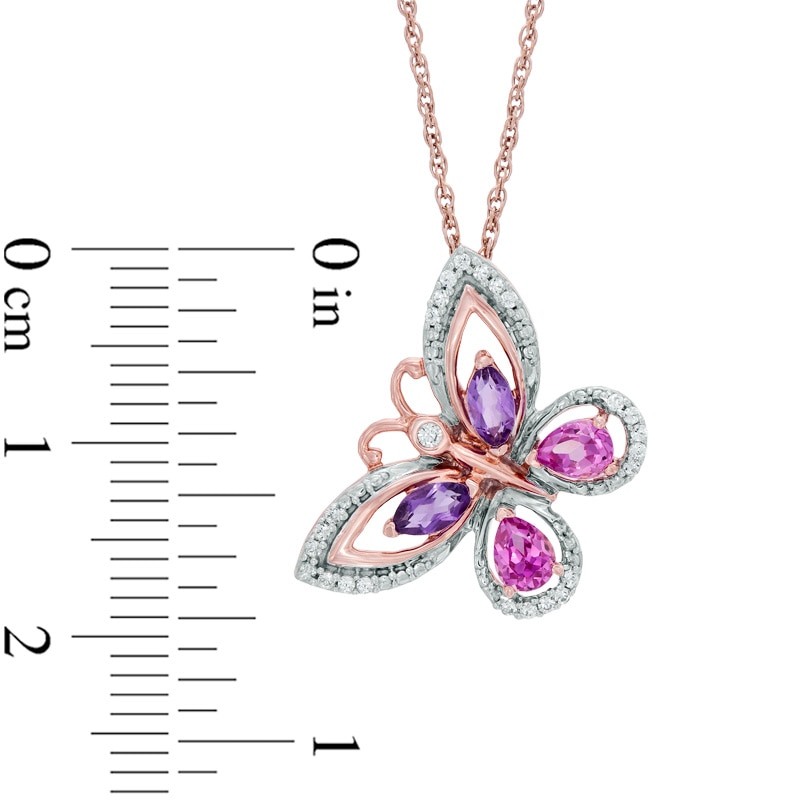 Main Image 2 of Pear-Shaped Lab-Created Pink Sapphire, Amethyst and 1/10 CT. T.W. Diamond Butterfly Pendant in 10K Rose Gold