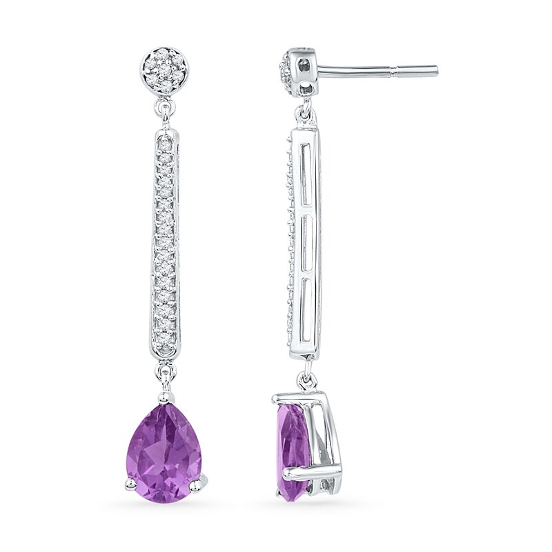 Pear-Shaped Amethyst and 1/5 CT. T.W. Diamond Linear Drop Earrings in 10K White Gold