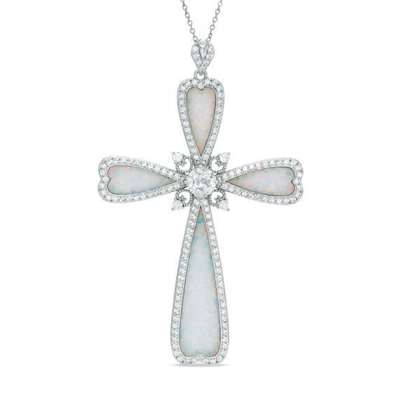 Lab-Created Opal and White Sapphire Cross Pendant in Sterling Silver