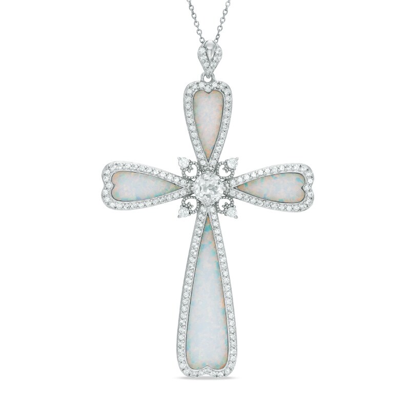 Main Image 1 of Lab-Created Opal and White Sapphire Cross Pendant in Sterling Silver