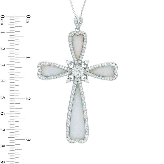 Lab-Created Opal and White Sapphire Cross Pendant in Sterling Silver
