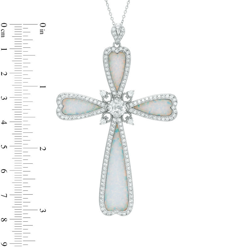 Main Image 2 of Lab-Created Opal and White Sapphire Cross Pendant in Sterling Silver