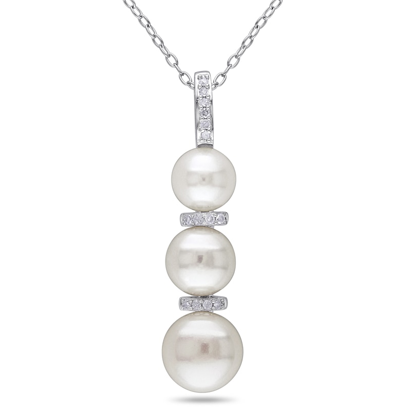 6.0 - 8.5mm Cultured Freshwater Pearl and Diamond Accent Triple Drop Pendant in Sterling Silver