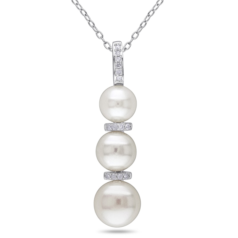 Main Image 1 of 6.0-8.5mm Freshwater Cultured Pearl and Diamond Accent Triple Drop Pendant in Sterling Silver