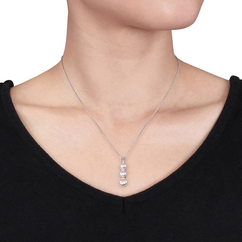 Main Image 3 of 6.0-8.5mm Freshwater Cultured Pearl and Diamond Accent Triple Drop Pendant in Sterling Silver