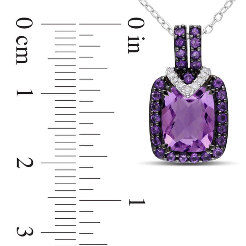Cushion-Cut Amethyst and Diamond Accent Pendant in Sterling Silver with Black Rhodium