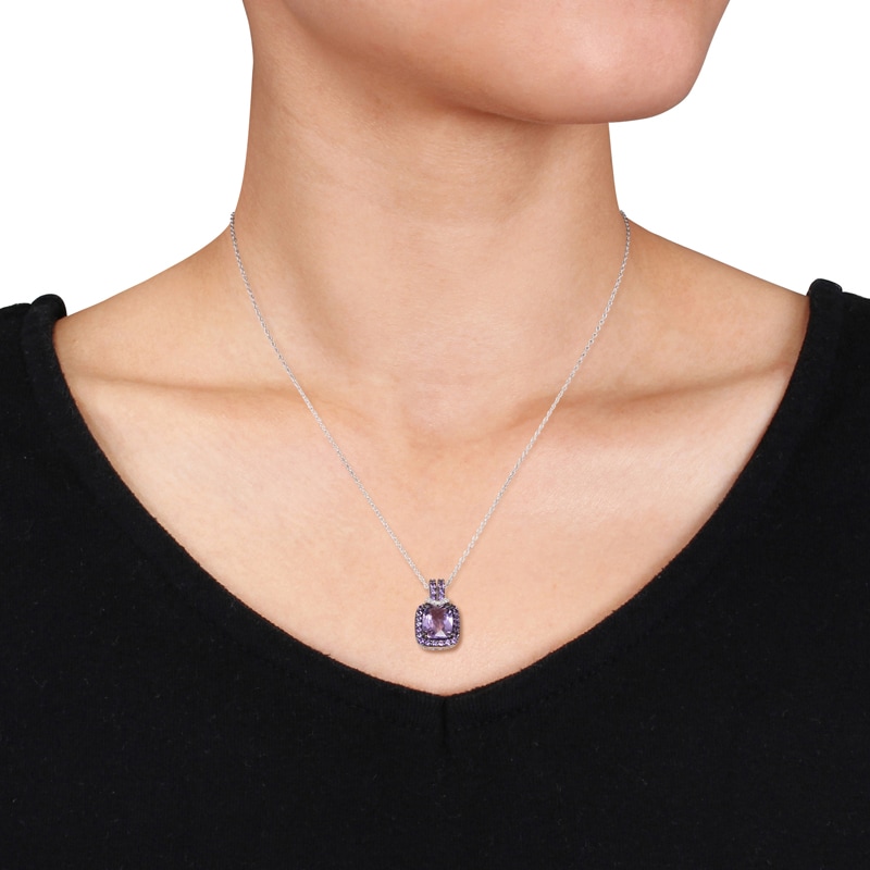 Cushion-Cut Amethyst and Diamond Accent Pendant in Sterling Silver with Black Rhodium
