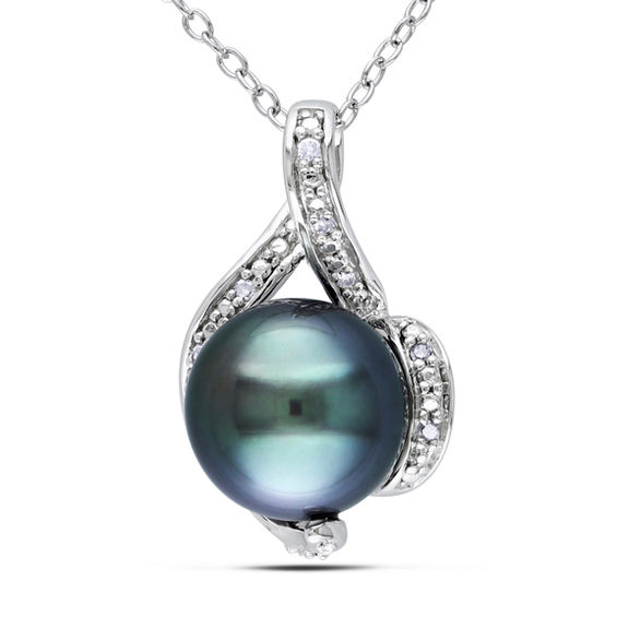 9.0 - 9.5mm Black Cultured Tahitian Pearl and 1/20 CT. T.W. Diamond Pendant in Sterling Silver 9.0 - 9.5mm Black Cultured Tahitian Pearl and 1/20 CT. T.W. Diamond Pendant in Sterling Silver