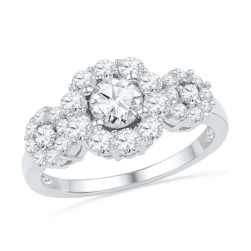 Main Image 1 of Lab-Created White Sapphire Three Stone Frame Engagement Ring in 10K White Gold