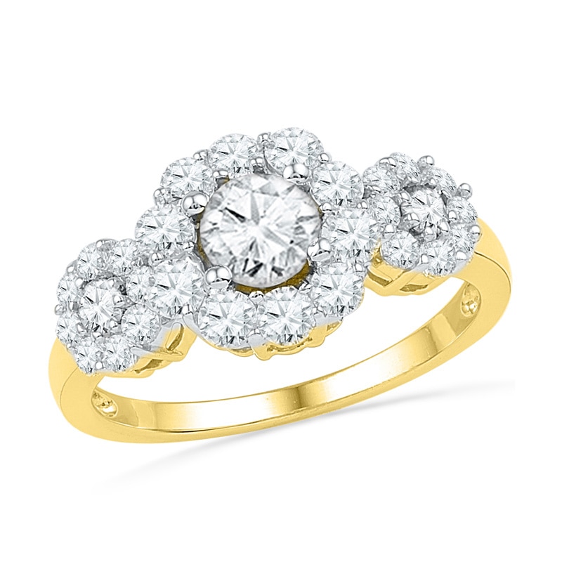 Main Image 1 of Lab-Created White Sapphire Three Stone Frame Engagement Ring in 10K Gold