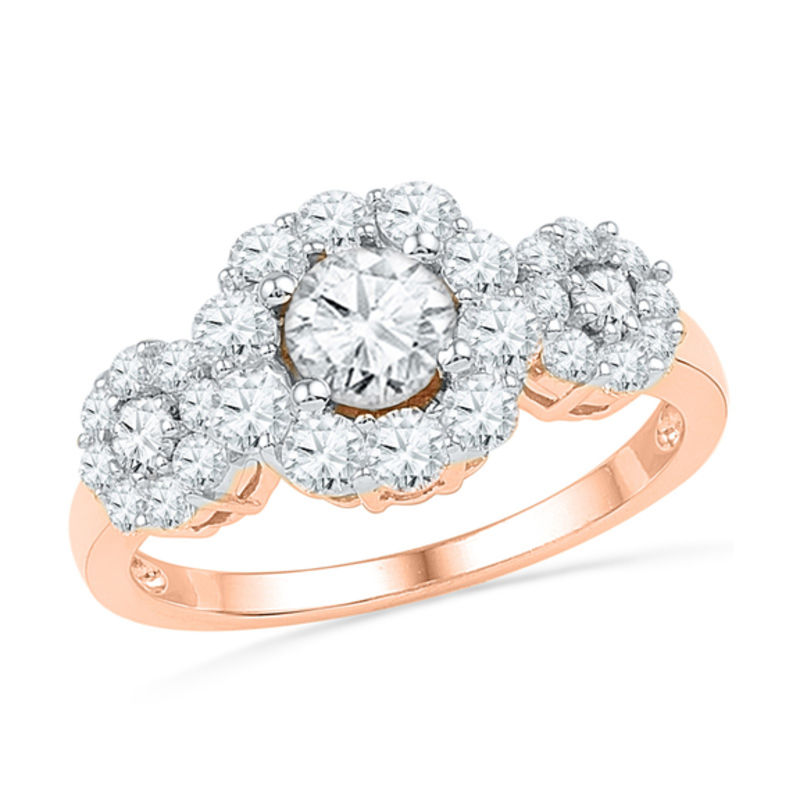 Main Image 1 of Lab-Created White Sapphire Three Stone Frame Engagement Ring in 10K Rose Gold