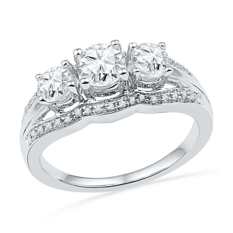Lab-Created White Sapphire and Diamond Accent Frame Three Stone Engagement Ring in Sterling Silver