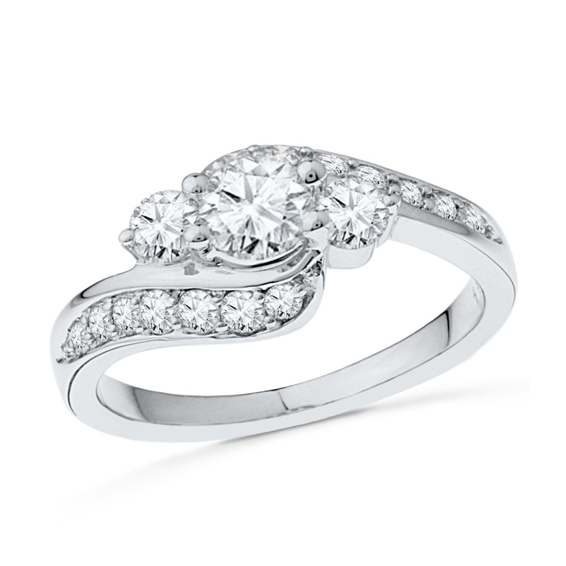 Lab-Created White Sapphire Three Stone Bypass Engagement Ring in 10K White Gold