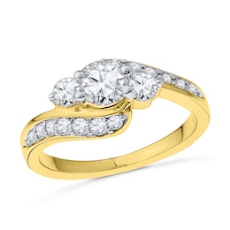 Lab-Created White Sapphire Three Stone Bypass Engagement Ring in 10K Gold