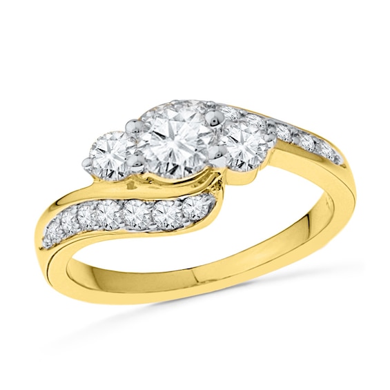 Lab-Created White Sapphire Three Stone Bypass Engagement Ring in 10K Gold