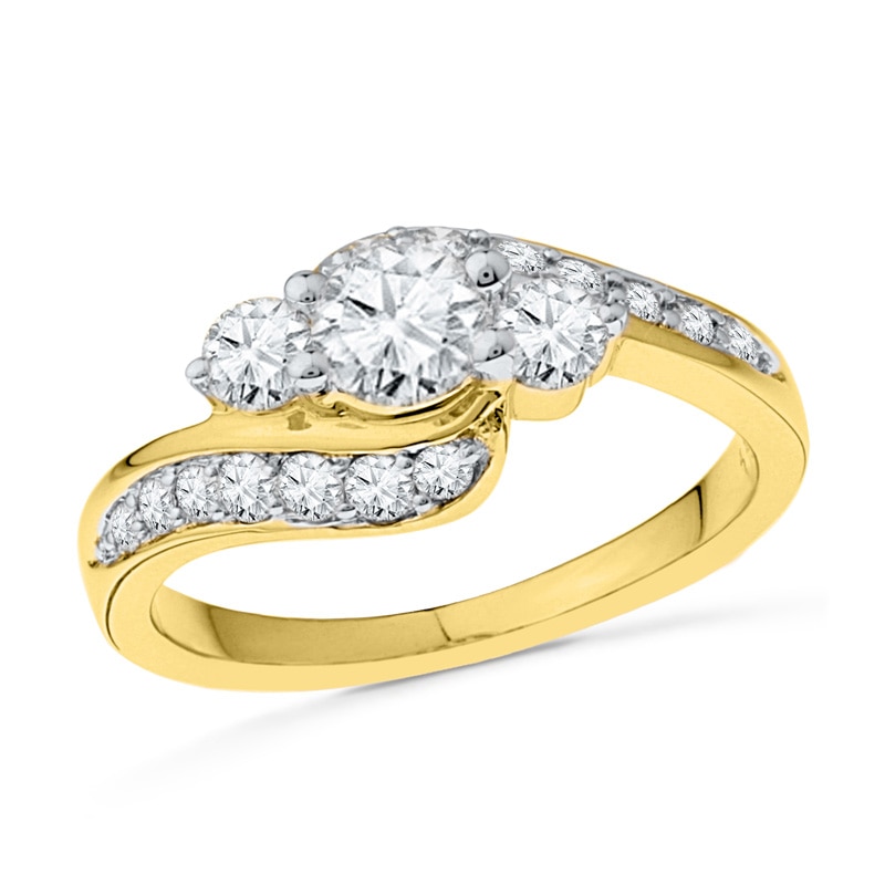Main Image 1 of Lab-Created White Sapphire Three Stone Bypass Engagement Ring in 10K Gold
