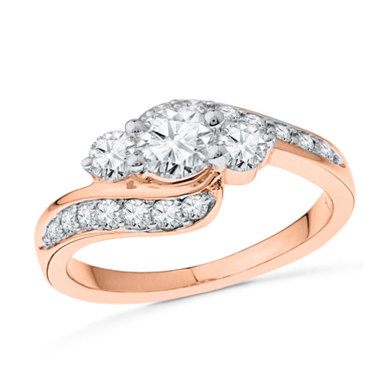 Lab-Created White Sapphire Three Stone Bypass Engagement Ring in 10K Rose Gold