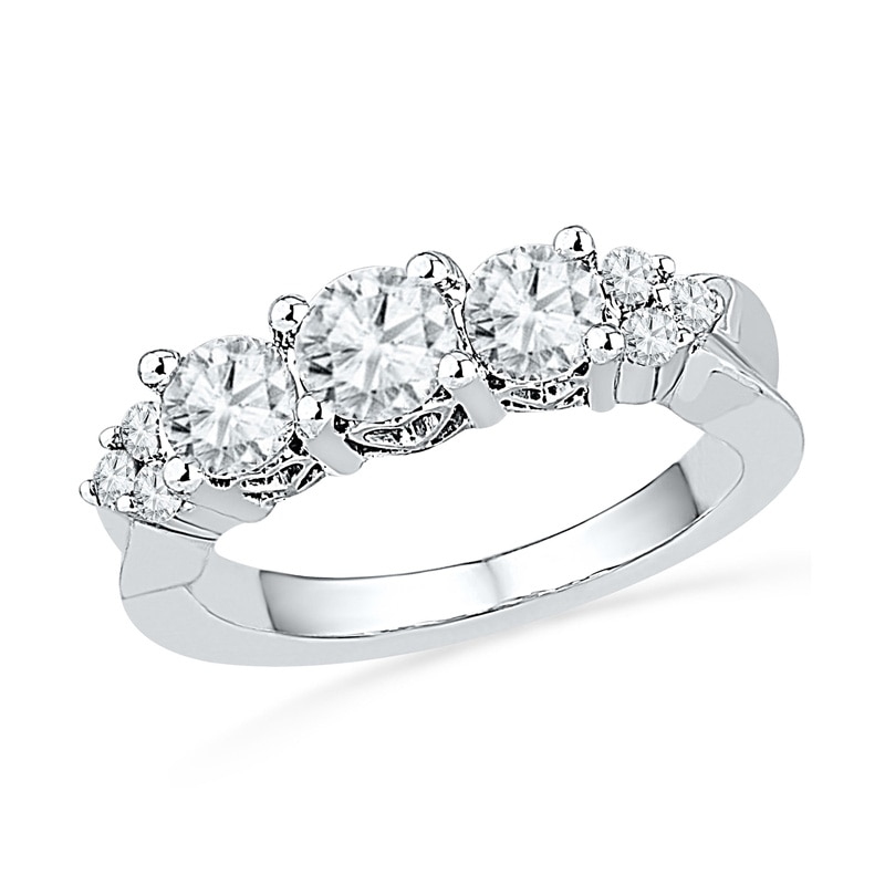 Lab-Created White Sapphire and 1/10 CT. T.W. Diamond Three Stone Engagement Ring in Sterling Silver